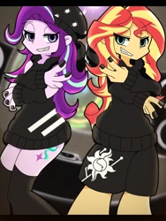 Size: 768x1024 | Tagged: safe, artist:erufi, character:starlight glimmer, character:sunset shimmer, my little pony:equestria girls, beanie, clothing, duo, female, gangsta, grin, hat, lidded eyes, nail polish, peace sign, smiling