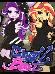 Size: 768x1024 | Tagged: safe, artist:erufi, character:starlight glimmer, character:sunset shimmer, my little pony:equestria girls, beanie, clothing, duo, female, gangsta, graffiti, grin, hat, lidded eyes, nail polish, peace sign, smiling