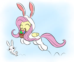 Size: 1200x1000 | Tagged: safe, artist:mew-me, character:angel bunny, character:fluttershy, species:pegasus, species:pony, species:rabbit, animal, animal costume, bunny costume, bunny ears, bunnyshy, clothing, costume, cute, dawwww, duo, easter, easter bunny, easter egg, eyes closed, gradient background, hnnng, holiday, hopping, mouth hold, pronking, shyabetes