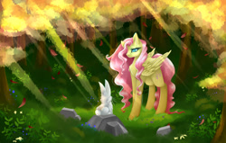 Size: 1024x650 | Tagged: safe, artist:purediamond360, character:angel bunny, character:fluttershy, species:pegasus, species:pony, female, forest, mare, tree