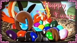 Size: 1920x1080 | Tagged: safe, artist:dragon-v0942, oc, oc only, oc:dia heart, oc:magmace (micset), oc:micset, species:dragon, species:pegasus, species:pony, 3d, bunny suit, clothing, easter, easter egg, flower, halo, holiday, latex, latex suit, nest, passed out, sky, source filmmaker, tree, unconscious