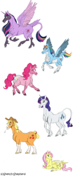 Size: 1024x2254 | Tagged: safe, artist:sketch-shepherd, character:applejack, character:fluttershy, character:pinkie pie, character:rainbow dash, character:rarity, character:twilight sparkle, character:twilight sparkle (alicorn), species:alicorn, species:classical unicorn, species:earth pony, species:pegasus, species:pony, species:unicorn, chest fluff, clothing, cloven hooves, colored wings, cowboy hat, female, flying, hat, leonine tail, mane six, mare, redesign, simple background, unshorn fetlocks, white background