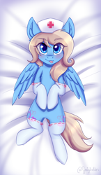 Size: 1566x2698 | Tagged: safe, artist:sonigiraldo, oc, oc:lusty symphony, species:pegasus, species:pony, blushing, body pillow design, both cutie marks, clothing, cute, hat, lying on bed, nurse hat, silly, solo, tongue out, wings, ych result