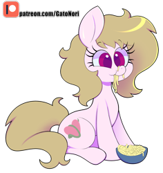 Size: 2893x3068 | Tagged: safe, artist:norithecat, oc, oc only, oc:coiled heart, species:earth pony, species:pony, digital, female, food, happy, noodles, patreon, patreon logo, simple background, solo, transparent background
