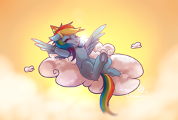 Size: 3031x2048 | Tagged: safe, artist:rikadiane, character:rainbow dash, species:pegasus, species:pony, clothing, cloud, cloudy, eyes closed, female, frog (hoof), hat, lying on a cloud, mare, party hat, signature, sky, solo, underhoof