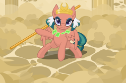 Size: 2412x1596 | Tagged: safe, alternate version, artist:camo-pony, character:somnambula, species:pegasus, species:pony, g4, action pose, close-up, female, glowpaz, holding, hope (pole), looking at you, mare, pillar, pole, smiling, solo, staff