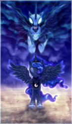 Size: 891x1532 | Tagged: dead source, safe, artist:lova-gardelius, artist:wingsofabutterfly202, character:nightmare moon, character:princess luna, species:alicorn, species:pony, duality, eyes closed, female, mare, spread wings, wings