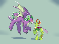 Size: 5000x3750 | Tagged: safe, artist:heyerika, character:spike, character:thorax, species:changeling, species:dragon, species:reformed changeling, ship:thoraxspike, blushing, changeling king, colored claws, duo, eyes closed, gay, green background, male, older, older spike, quadrupedal spike, shipping, simple background, winged spike