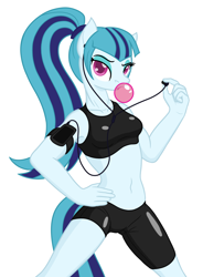 Size: 1388x1889 | Tagged: safe, artist:camo-pony, derpibooru original, character:sonata dusk, species:anthro, armband, belly button, bubblegum, clothing, colored pupils, compression shorts, earbuds, female, food, gum, music player, simple background, sports bra, tight clothing, white background