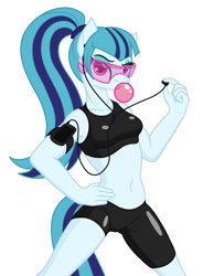 Size: 1388x1889 | Tagged: safe, artist:camo-pony, derpibooru original, character:sonata dusk, species:anthro, armband, belly button, bubblegum, clothing, compression shorts, earbuds, female, food, gum, midriff, music player, simple background, sports bra, sports shorts, sunglasses, tight clothing, white background