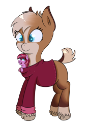 Size: 1556x2252 | Tagged: safe, artist:eyeburn, oc, oc only, oc:emi goat, oc:sugary violet, species:goat, species:pony, species:unicorn, clothing, cloven hooves, cute, micro, sweater