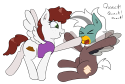 Size: 2802x1888 | Tagged: safe, artist:eyeburn, oc, oc only, oc:duk, oc:graph travel, species:duck, species:pegasus, species:pony, boop, duck pony, duo, female, flailing, mare, quack, simple background, text, transparent background