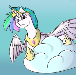 Size: 1444x1420 | Tagged: safe, artist:fuzzypones, character:princess celestia, species:pony, alternate hairstyle, cloud, female, frown, furrowed brow, peeking, realistic wings, simple background, sitting on a cloud, sky, solo