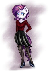 Size: 2500x3500 | Tagged: safe, artist:qbellas, character:rarity, species:anthro, species:pony, species:unicorn, clothing, female, high heels, mare, pantyhose, shoes, skirt, solo, stockings, thigh highs