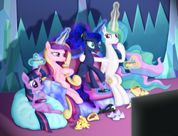 Size: 3104x2376 | Tagged: safe, artist:lifesharbinger, character:princess cadance, character:princess celestia, character:princess luna, character:twilight sparkle, character:twilight sparkle (alicorn), species:alicorn, species:pony, alicorn tetrarchy, alternate hairstyle, controller, couch, cup, drink, drinking, female, gift art, hoof hold, hoof shoes, joystick, levitation, magic, open mouth, ponytail, royal sisters, straw, telekinesis, television