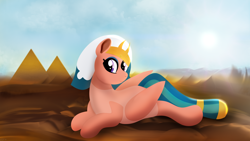 Size: 5120x2880 | Tagged: safe, artist:startledflowerpony, character:somnambula, species:pegasus, species:pony, g4, female, lineless, looking at you, mare, prone, pyramid, pyramids of giza, solo