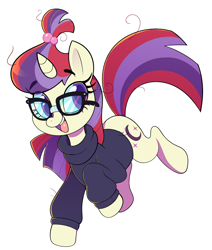Size: 2894x3414 | Tagged: safe, artist:norithecat, character:moondancer, species:pony, species:unicorn, accessories, clothing, dancerbetes, digital, eyelashes, female, glasses, hairtie, happy, horn, messy hair, messy mane, running, simple background, smiling, solo, sweater, turtleneck, white background