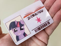 Size: 2048x1536 | Tagged: safe, artist:sky-railroad, character:twilight sparkle, species:pony, episode:the point of no return, g4, my little pony: friendship is magic, barcode, cutie mark, defictionalization, female, library card, real life background, smiling, solo, that was fast, written equestrian