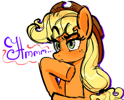 Size: 1238x1000 | Tagged: safe, artist:littmosa, character:applejack, species:earth pony, species:pony, applejack's hat, clothing, cowboy hat, female, freckles, hat, hmm, mare, simple background, solo, thinking, white background