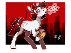 Size: 800x600 | Tagged: safe, artist:scarfyace, oc, oc:blackjack, species:pony, species:unicorn, fallout equestria, fallout equestria: project horizons, alcohol, black hair, black mane, city, cityscape, drunk, female, levitation, magic, mare, one eye closed, red eyes, red hair, red mane, solo, striped mane, telekinesis, white coat, wink