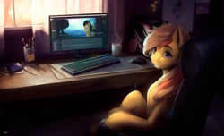 Size: 1600x975 | Tagged: safe, artist:l1nkoln, character:doctor whooves, character:time turner, oc, species:pony, commission, computer, computer chair, computer mouse, desk, female, keyboard, looking at you, mare, monitor, mug, paintbrush, sitting, smiling, window