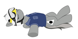 Size: 1500x769 | Tagged: safe, artist:sevenserenity, oc, oc:greyscale, species:pegasus, species:pony, clothing, helmet, lying down, shirt, simple background, sleeping, solo