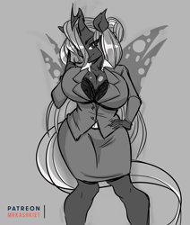 Size: 2293x2705 | Tagged: safe, artist:mrkashkiet, character:queen chrysalis, species:anthro, big breasts, breasts, business suit, busty queen chrysalis, clothing, female, monochrome, skirt, skirt suit, solo, suit