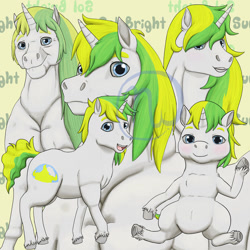 Size: 1024x1024 | Tagged: safe, artist:azurllinate, oc, oc only, oc:sol bright, oc:sunshine giggles, species:pony, species:unicorn, age progression, blue eyes, blushing, buff, bulky, chest fluff, cloven hooves, colt, defined chest, faded mane, female, foal, green hair, male, mare, muscles, older, rule 63, smiling, stallion, thick neck, two toned mane, two toned tail, wavy tail, wide hips, wrinkles, yellow hair