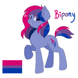 Size: 1000x1000 | Tagged: safe, artist:itazurana, oc, oc only, oc:bipony (female), species:earth pony, species:pony, 20biteen, bisexual, bisexual pride flag, blushing, chest fluff, cute, ear fluff, earth pony oc, eye clipping through hair, female, flag, grin, happy, lgbt, looking at you, mare, multicolored hair, neck fluff, ocbetes, ponified, pride, pride flag, pride ponies, raised hoof, simple background, smiling, solo, text, white background