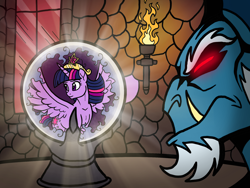 Size: 2048x1536 | Tagged: safe, artist:melspyrose, character:grogar, character:twilight sparkle, character:twilight sparkle (alicorn), species:alicorn, species:pony, big crown thingy, crystal ball, glowing eyes, grogar's orb, jewelry, red eyes, regalia