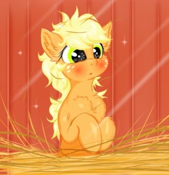 Size: 1925x1992 | Tagged: safe, artist:rurihal, character:applejack, species:earth pony, species:pony, :o, barn, blushing, cheek fluff, chest fluff, crepuscular rays, cute, ear fluff, female, fluffy, frazzled, hay, haystack, jackabetes, leg fluff, mare, messy mane, open mouth, solo, sparkles, starry eyes, wingding eyes