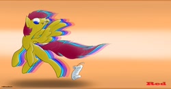 Size: 3960x2080 | Tagged: safe, artist:gtsdev, oc, oc only, species:pegasus, species:pony, digital art, feather, notepad, red, smiling, solo, wallpaper