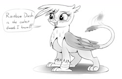 Size: 1163x755 | Tagged: safe, artist:firenhooves, character:gilda, species:griffon, blushing, cute, dialogue, dweeb, female, gildadorable, heart eyes, motion lines, simple background, sketch, smiling, solo, speech bubble, standing, tail wag, white background, wingding eyes, wings