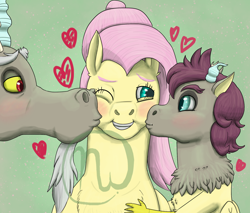 Size: 2000x1700 | Tagged: safe, artist:azurllinate, character:discord, character:fluttershy, oc, oc:elegrace flux, oc:princess elegrace flux, parent:discord, parent:fluttershy, parents:discoshy, species:draconequus, species:pegasus, species:pony, next gen:futurehooves, ship:discoshy, blushing, chest fluff, female, futurehooves, hair bun, heart, holding, horns, hybrid, interspecies, interspecies love, interspecies offspring, kiss on the cheek, kissing, male, mixed breed, mother's day, offspring, one eye closed, pink mane, red eyes, shipping, smiling, straight, wavy hair
