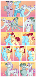 Size: 1396x3000 | Tagged: safe, artist:xjenn9fusion, commissioner:bigonionbean, writer:bigonionbean, character:bow hothoof, character:gentle breeze, character:igneous rock pie, character:night light, character:posey shy, character:twilight velvet, character:windy whistles, oc, oc:creamy clouds, oc:evening emeralds, species:earth pony, species:pegasus, species:pony, species:unicorn, comic:fusing the fusions, comic:time of the fusions, bow tie, butt, butt expansion, clothing, comic, dat butt, dialogue, dummy thicc, embarrassed, fat ass, flustered, fusion, fusion:creamy clouds, fusion:evening emeralds, growth, hat, magic, male, merge, original character do not steal, plot, potion, semi-grimdark series, shirt, spread wings, stallion, suggestive series, swelling, the ass was fat, thicc ass, uniform, wingboner, wings