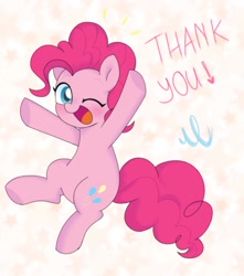 Size: 1062x1200 | Tagged: safe, artist:ch-chau, character:pinkie pie, species:earth pony, species:pony, blushing, cute, diapinkes, female, followers, jumping, mare, one eye closed, open mouth, solo, text, thank you