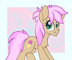 Size: 1500x1250 | Tagged: safe, artist:litrojia, character:strawberry scoop, species:earth pony, species:pony, background pony, chest fluff, female, friendship student, looking at you, mare, smiling, solo