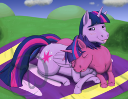 Size: 2200x1700 | Tagged: safe, artist:azurllinate, character:twilight sparkle, character:twilight sparkle (alicorn), oc, oc:dazzle shield, oc:prince dazzle shield, parent:flash sentry, parent:twilight sparkle, parents:flashlight, species:alicorn, species:pony, next gen:futurehooves, cloud, cooing, crossed legs, cuddling, curled up to mom, eyes closed, female, futurehooves, grass, hoers, lying down, lying on blanket, male, mother and son, mother's day, multicolored hair, next generation, offspring, purple eyes, sleeping