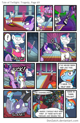 Size: 792x1224 | Tagged: safe, artist:donzatch, character:pinkie pie, character:rainbow dash, character:shining armor, character:twilight sparkle, character:twilight sparkle (alicorn), species:alicorn, species:changeling, species:pony, comic:tale of twilight, comic, dark magic, exclamation point, fight, grimdark series, kick, magic, royal guard, sword, weapon