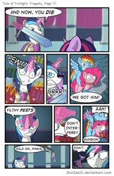 Size: 792x1224 | Tagged: safe, artist:donzatch, character:pinkie pie, character:rainbow dash, character:shining armor, character:twilight sparkle, character:twilight sparkle (alicorn), species:alicorn, species:pony, comic:tale of twilight, comic, fight, grimdark series, injured, magic, sword, threatening, weapon