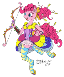 Size: 1240x1500 | Tagged: safe, artist:sepiakeys, character:pinkie pie, species:anthro, species:unguligrade anthro, arrow, bow (weapon), bow and arrow, clothing, corset, female, short skirt, simple background, skirt, solo, stockings, thigh highs, weapon, white background