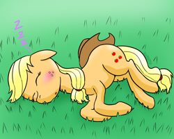 Size: 1280x1024 | Tagged: safe, artist:zokoira, character:applejack, species:earth pony, species:pony, blushing, clothing, eyes closed, female, hat, lying down, mare, onomatopoeia, sleeping, solo, sound effects, zzz