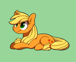 Size: 1000x818 | Tagged: safe, artist:saber-panda, character:applejack, species:earth pony, species:pony, cute, female, green background, hatless, jackabetes, mare, missing accessory, prone, simple background, solo