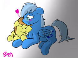 Size: 3980x2958 | Tagged: safe, artist:siggyderp, oc, oc only, oc:blue brush, oc:siggy, species:earth pony, species:pegasus, species:pony, blushing, cuddling, eyes closed, glasses, heart, lying down, male, stallion