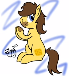 Size: 1454x1599 | Tagged: safe, artist:siggyderp, oc, oc only, oc:waffle crisp, species:earth pony, species:pony, eating, food, male, messy eating, signature, solo, stallion, waffle