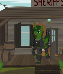 Size: 1931x2273 | Tagged: safe, artist:grypher, derpibooru original, oc, oc:sheriff green, species:alicorn, species:pony, fallout equestria, alicorn oc, armor, artificial alicorn, barrel, clothing, commission, cowboy hat, fallout equestria: red 36, fanfic, fanfic art, female, green alicorn (fo:e), hat, hooves, horn, looking at you, mare, open mouth, power armor, raised hoof, sheriff, sheriff's badge, solo, vector, window, wings