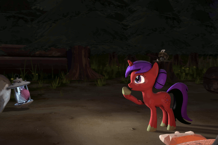 Size: 720x480 | Tagged: safe, artist:oc1024, part of a set, oc, oc only, oc:rose nucleus, oc:wintergleam, species:bat pony, species:pony, species:unicorn, 3d, animated, bat pony oc, campfire, female, mare, mare in the moon, moon, sitting, source filmmaker