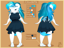 Size: 2300x1750 | Tagged: safe, alternate version, artist:dannykay4561, oc, oc only, oc:cloudette, species:anthro, species:pegasus, species:plantigrade anthro, species:pony, anthro oc, big breasts, blue lipstick, breasts, clothing, dress, female, freckles, front view, heart eyes, lipstick, long hair, mare, rear view, reference sheet, shoes, smiling, solo, standing, wingding eyes, wings