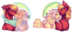 Size: 1239x551 | Tagged: safe, artist:malinraf1615, character:big mcintosh, character:fluttershy, species:pony, ship:fluttermac, bandana, blushing, buttermac, cheek fluff, chest feathers, eyes closed, female, flutterreina, gay, half r63 shipping, lesbian, male, neck fluff, obtrusive watermark, rule 63, shipping, signature, simple background, transparent background, watermark