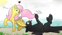 Size: 2560x1440 | Tagged: safe, artist:fuzzypones, character:fluttershy, species:dragon, species:pegasus, species:pony, behaving like a cat, crossover, cute, dialogue, dock, duo, female, floating heart, heart, how to train your dragon, looking back, male, mare, night fury, on back, playing with tail, redo, speech bubble, tongue out, toothless the dragon